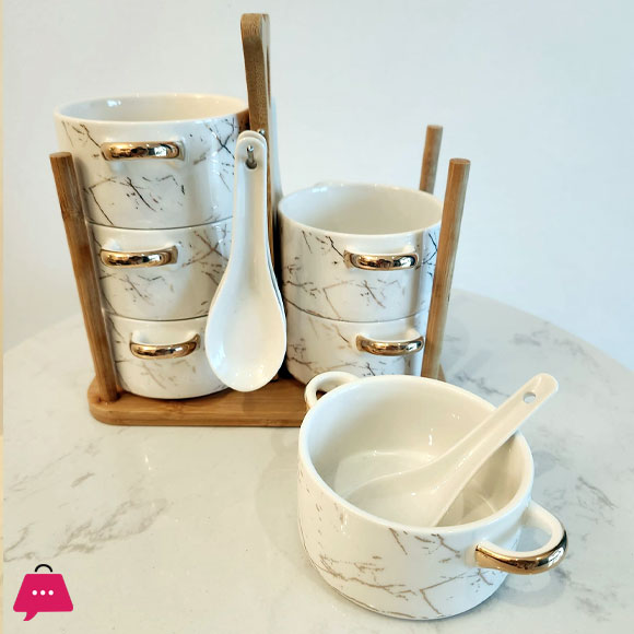Ceramic Soup Bowls and Spoons Set 12 Pieces on Stand