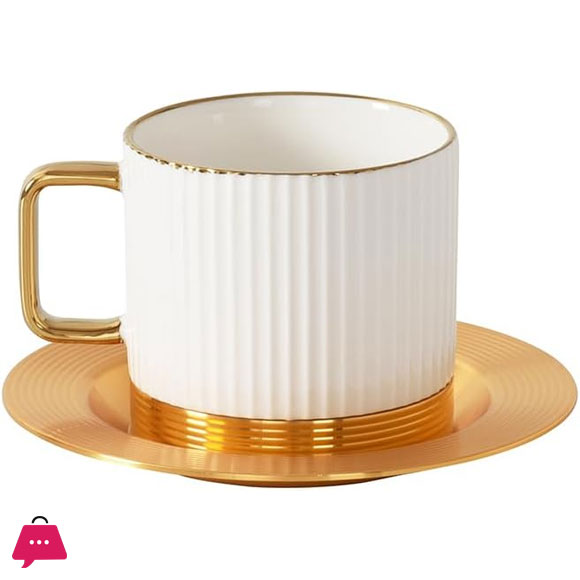 Coffee and Tea Cup Striped with Metal Saucer Set of 6