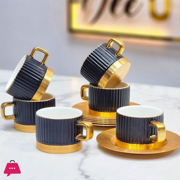 Coffee and Tea Cup Striped with Metal Saucer Set of 6