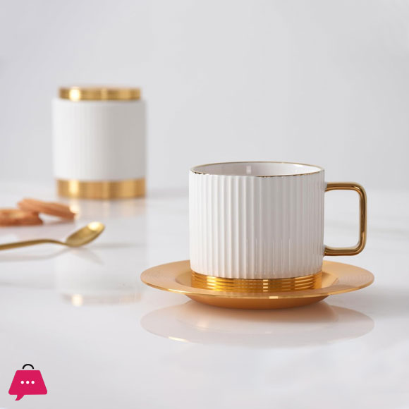 Coffee and Tea Cup Striped with Metal Saucer Set of 6
