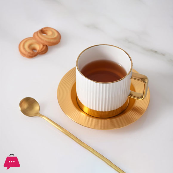 Coffee and Tea Cup Striped with Metal Saucer Set of 6