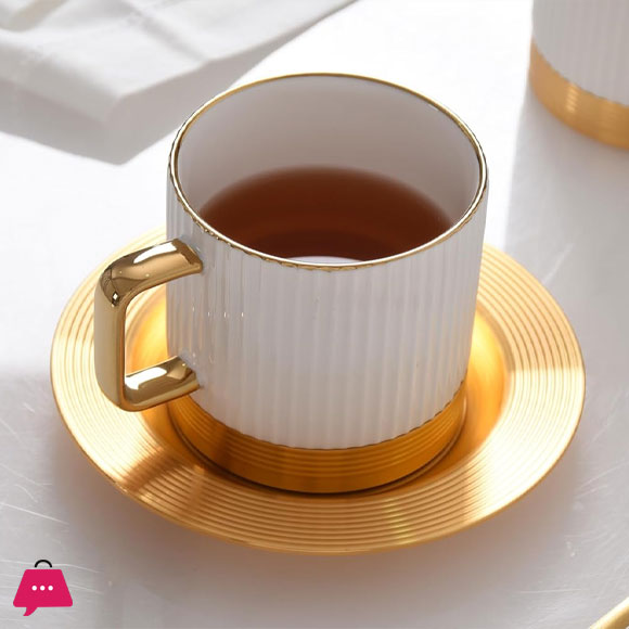 Coffee and Tea Cup Striped with Metal Saucer Set of 6