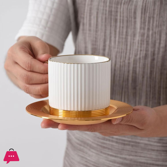 Coffee and Tea Cup Striped with Metal Saucer Set of 6