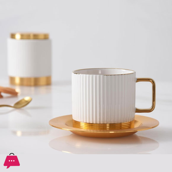 Coffee and Tea Cup Striped with Metal Saucer Set of 6