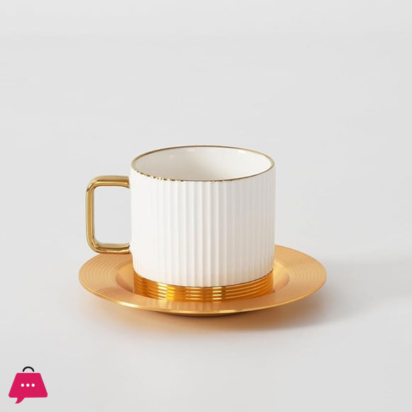 Coffee and Tea Cup Striped with Metal Saucer Set of 6