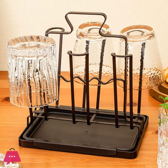 6 Hook Metal Cup Drying Rack Mug Tree Stand Organizer Whiskey Wine Glass Cup Dryer Rack for Kitchen Counter Storage Display Stand with Drain Tray