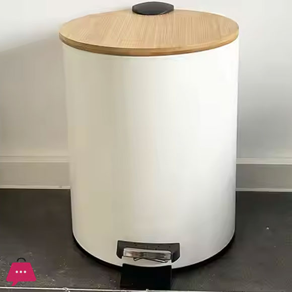 Decorative Bamboo Wood Lining Kitchen Pedal Food Paper Round Waste Rubbish Dustbin Bin 5 Liter