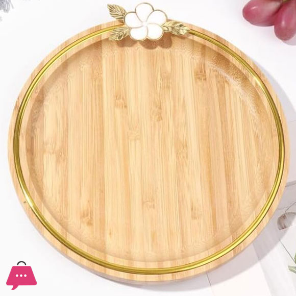 Exquisite Bamboo Platter With Round Leaf Golden Woodan Serving Tray