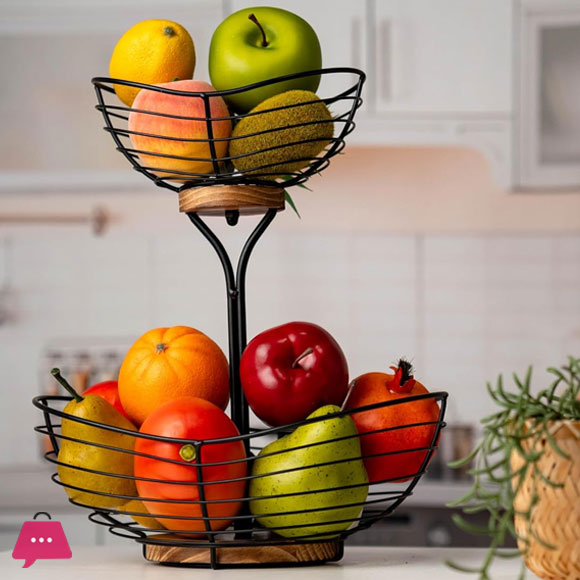 Fruit Basket for Kitchen Countertop,Black Metal Wire with Wood Base,Modern Farmhouse Fruit Bowl,Portable Storage Basket for Kitchen and Dining Room 2 Tier Set