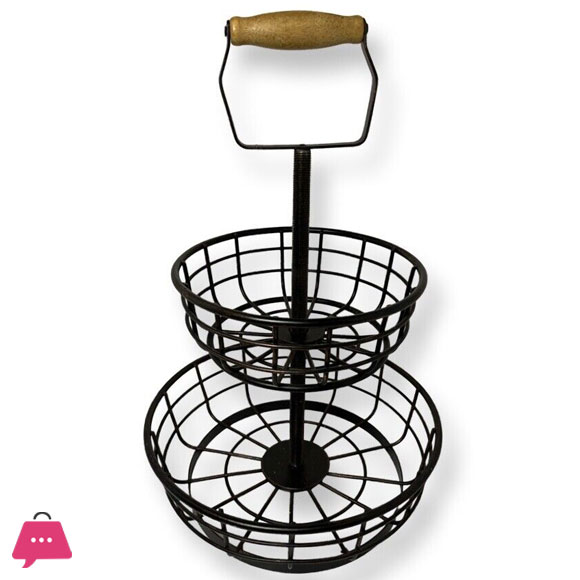 Fruit Basket for Kitchen Countertop,Black Metal Wire with Wood Handle 2 Tier fruit Bowl