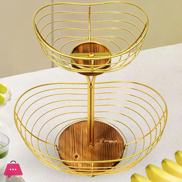 Fruit Basket Fruit Holder Fruit Bowl Decoration Metal Wire with Wood Base 2 Tier Fruit Bowl Coffee Pod Holder for Table Decor