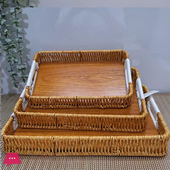 GIB cleaningtool Rectangular Rattan Serving Tray Decorative Woven Wicker Trays with Handles