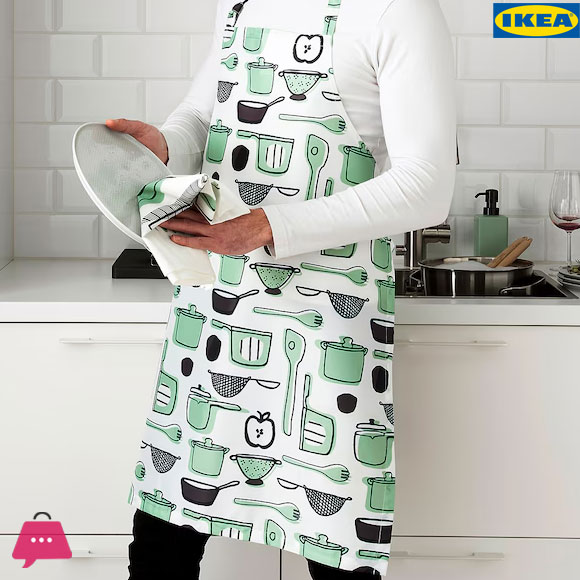 IKEA RINNIG Apron, White / Green / Patterned