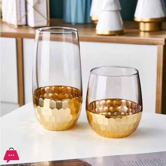 Luxury Handmade Gold Hammered Base Long Glasses Made Of Crystal - Set of 6