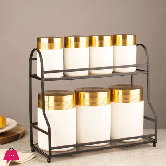 Matt Black Porcelain Jar Porcelain Canister Set with Metal Stand - 8 Piece