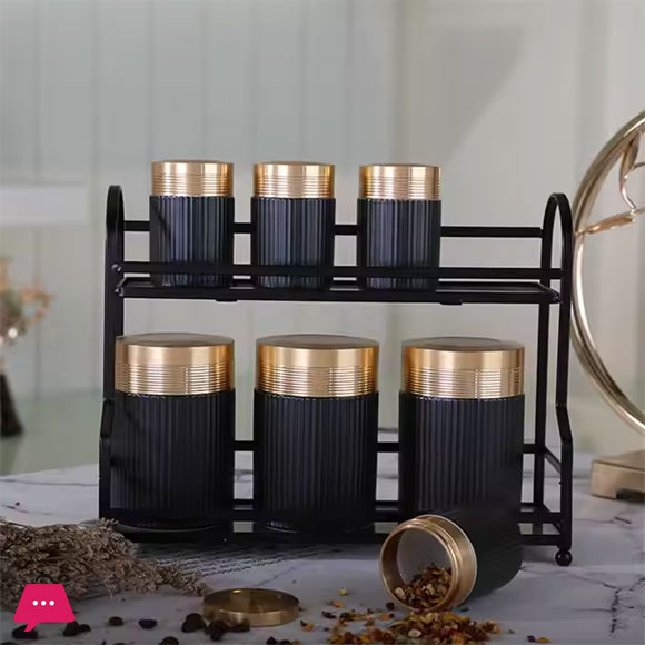 Matt Black Porcelain Jar Porcelain Canister Set with Metal Stand - 8 Piece