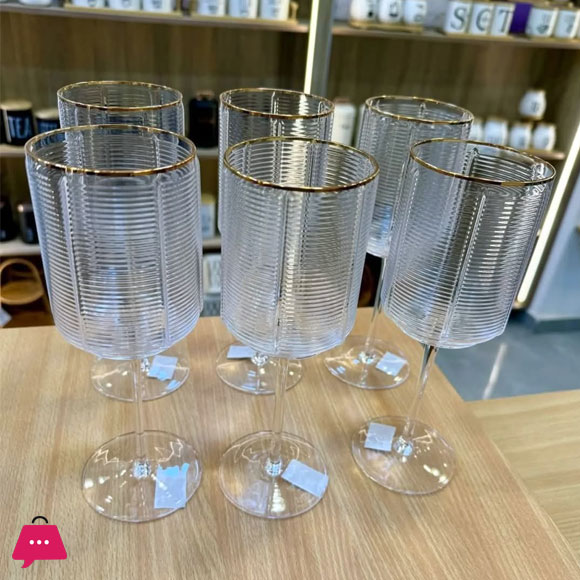 Retro Horizontal Striped Champagne Crystal Goblets Gold Rim - Set of 6