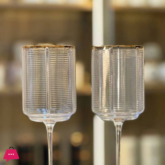 Retro Horizontal Striped Champagne Crystal Goblets Gold Rim - Set of 6