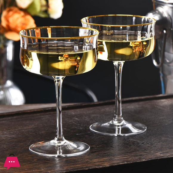 ROXBURGH Real Crystal Martini Glass with Gold Rim & Long Stem - 10oz - Set of 6