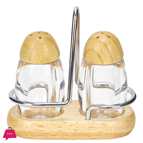 Salt and Pepper Glass Bottle with Wooden Holder Set Stainless Steel Wood Kit