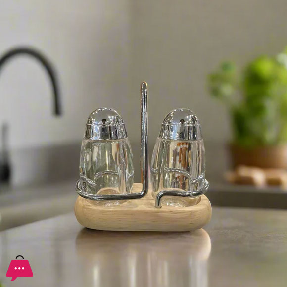 Elegant Salt and Pepper Shaker Set with Wooden Oval Holder Stylish Stainless Steel & Glass Salt Shaker for Modern