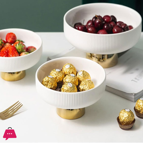 Soup Bowls Ceramic Salad Bowl Base Tall Fruit Tray Circular Vertical Stripe Family Candy Storage Tray Kitchen Supplies 8 Inch