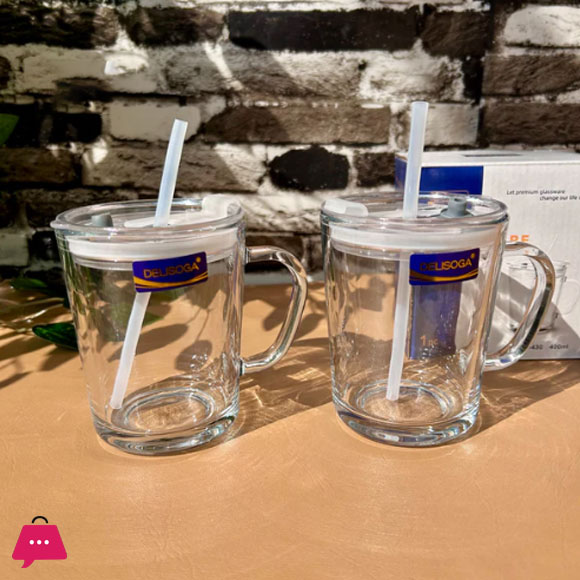 Delisoga Glass Transparent Coffee Mug with Straw Set of 2