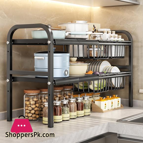 Kitchen Under Sink Adjustable Pot Rack Multifunctional Dish Pans Storage Rack Countertop Basket