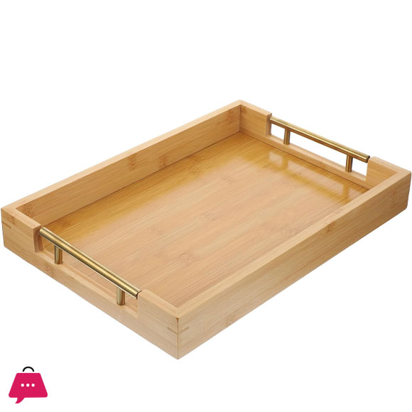 BAMBOO WOOD TRAY WITH GOLDEN HANDLE