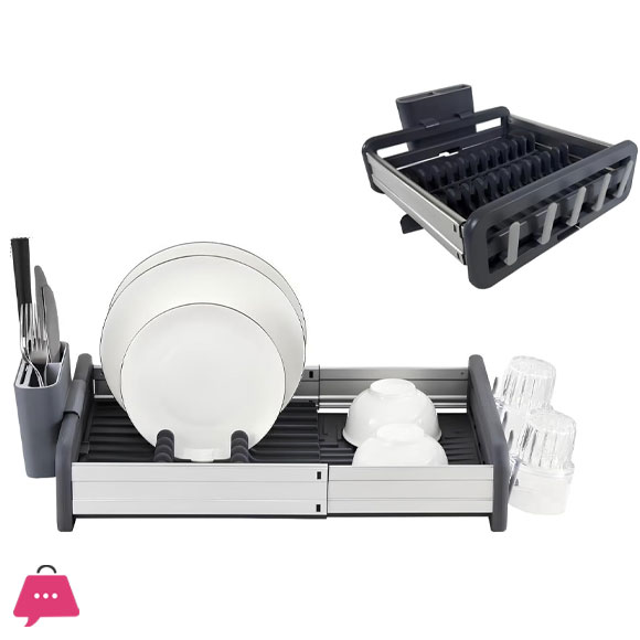 Binca Glowick Extendable Dish Drying Rack Movable Utensil Drainer & Drainage Spout Dish Storage Stand Anti-Rust Drying Dish Rack with Cutlery & Cup Holders Dish Rack (1Pcs)