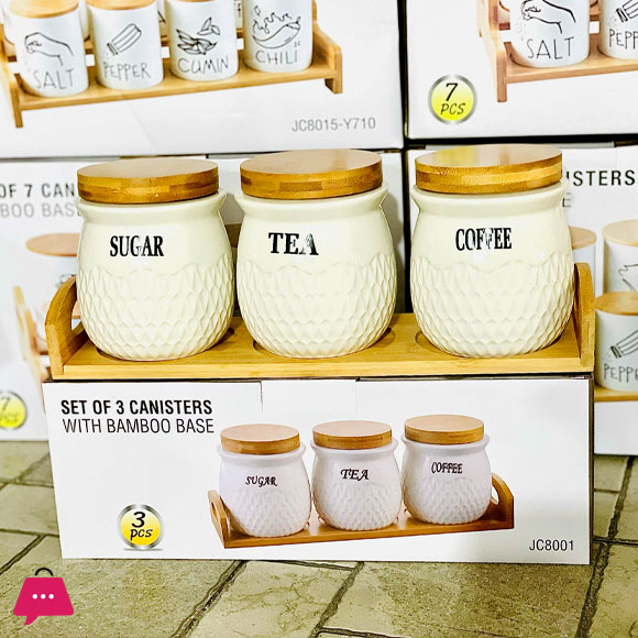 Ceramic Canister Set of 3 with Bamboo Base JC8001