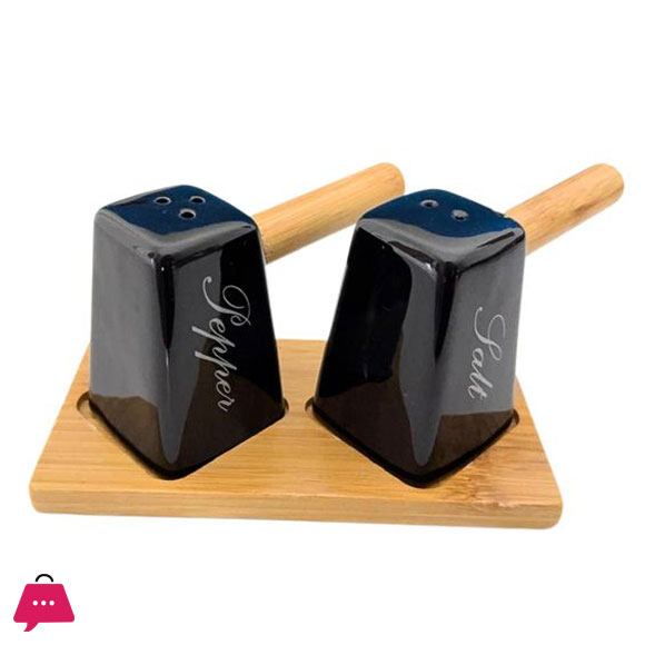 Ceramic Salt Shaker Set with Wooden Handle Bamboo Base