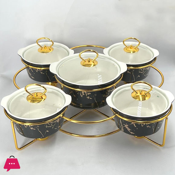 Chafing Dish Buffet Set Ceramics Chafer with Marble Finish Chafer and Buffet Warmer Round - 5 Pcs