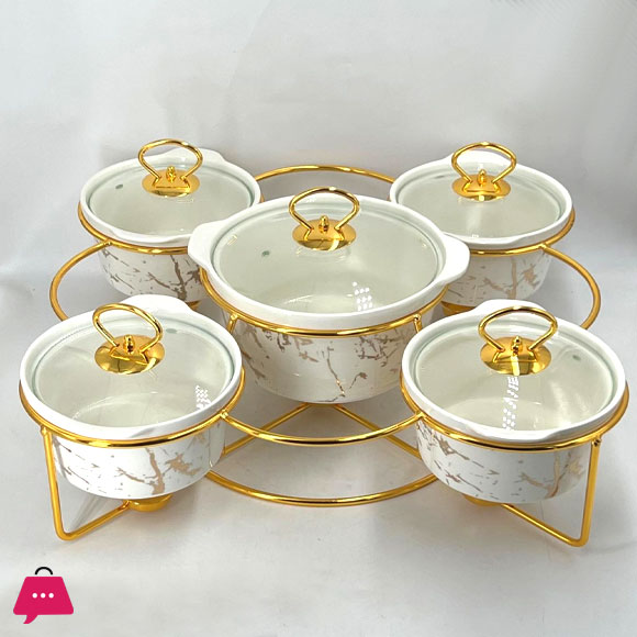 Chafing Dish Buffet Set Ceramics Chafer with Marble Finish Chafer and Buffet Warmer Round - 5 Pcs
