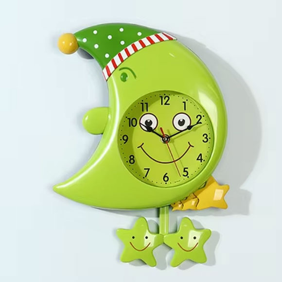 Moon & Star Design Wall Clock for Kids Room with Moving Eyes & Star Pendulum