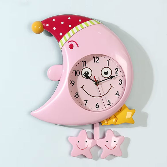 Moon & Star Design Wall Clock for Kids Room with Moving Eyes & Star Pendulum