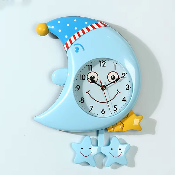 Moon & Star Design Wall Clock for Kids Room with Moving Eyes & Star Pendulum
