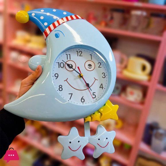 Moon & Star Design Wall Clock for Kids Room with Moving Eyes & Star Pendulum