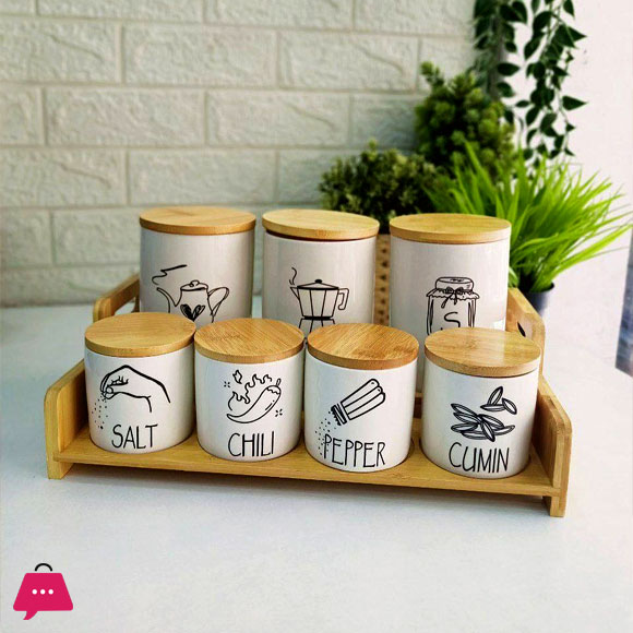 Porcelain Spice Set 8-Piece Bamboo Wooden Stand