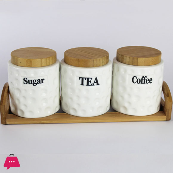 Tea Coffee Sugar Jars Ceramic Canisters with Bamboo Lids & Holder