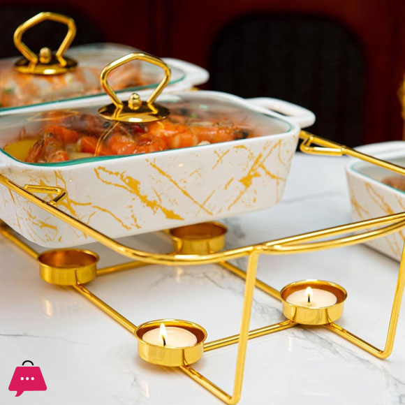 Triple Chafing Dish Buffet Set Ceramics Chafer with Marble Finish Chafer and Buffet Warmer 9Inch