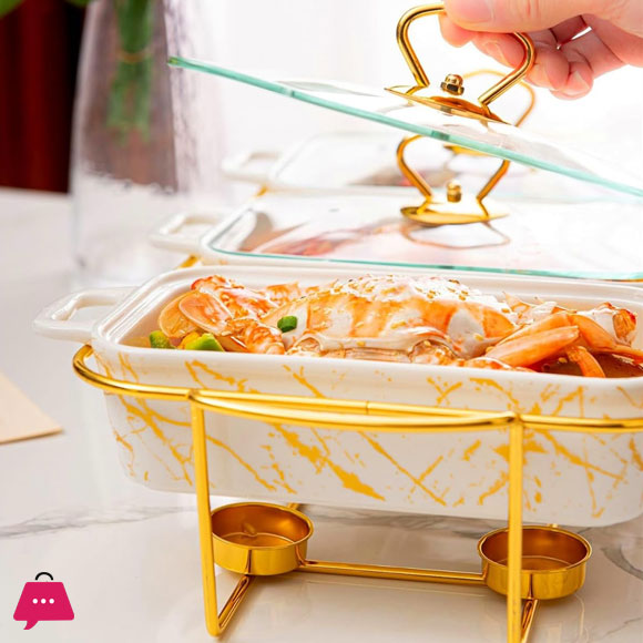 Triple Chafing Dish Buffet Set Ceramics Chafer with Marble Finish Chafer and Buffet Warmer 9Inch