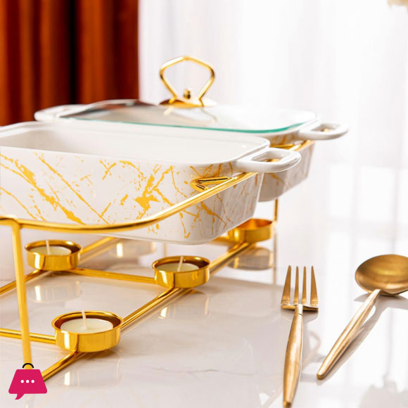 Triple Chafing Dish Buffet Set Ceramics Chafer with Marble Finish Chafer and Buffet Warmer 9Inch