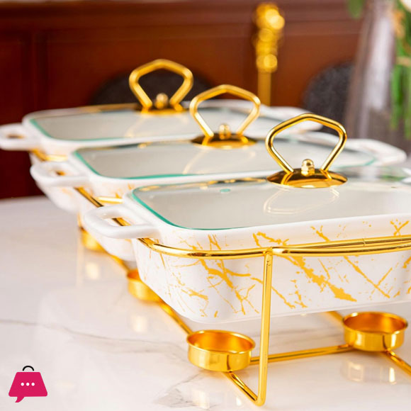 Triple Chafing Dish Buffet Set Ceramics Chafer with Marble Finish Chafer and Buffet Warmer 9Inch