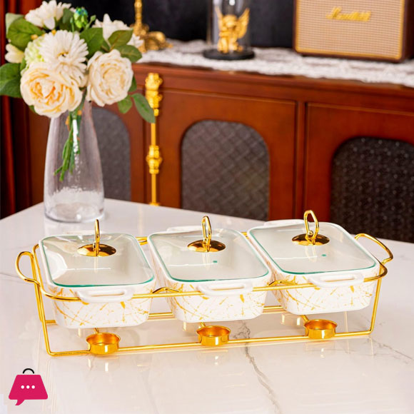 Triple Chafing Dish Buffet Set Ceramics Chafer with Marble Finish Chafer and Buffet Warmer 9Inch