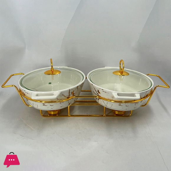 Twin Chafing Dish Buffet Set Ceramics Chafer with Marble Finish Chafer and Buffet Warmer Oval - 11 Inch