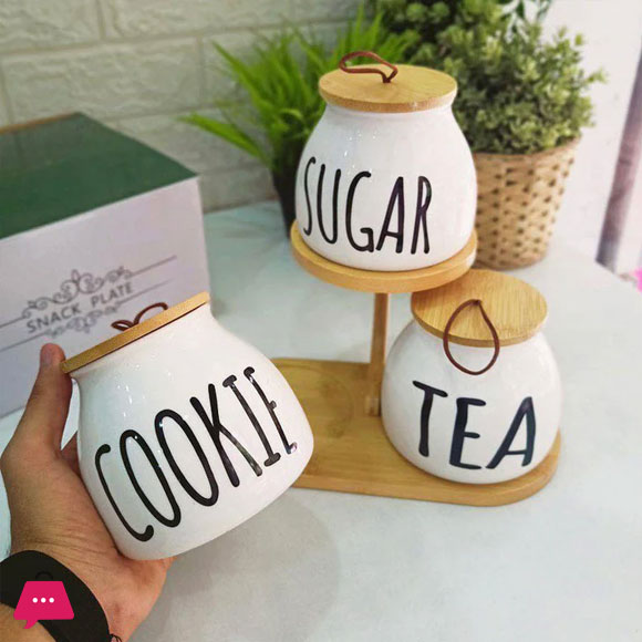 3 Pieces on Stand Elegant Bamboo Sugar Tea Cookie Jar Set