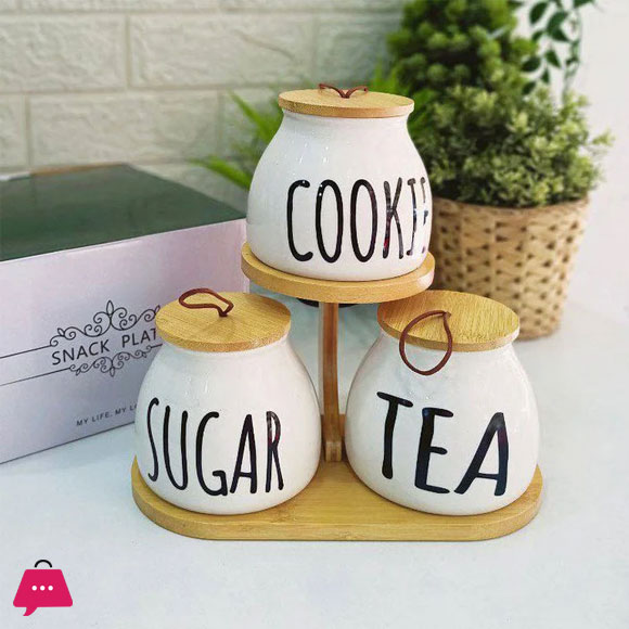 3 Pieces on Stand Elegant Bamboo Sugar Tea Cookie Jar Set