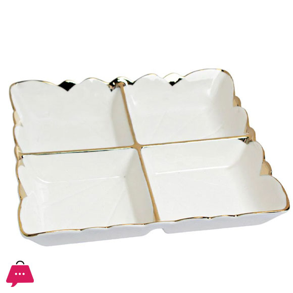 4 Portion Dry Fruit Dish Square Floral Design Ceramic Golden & White