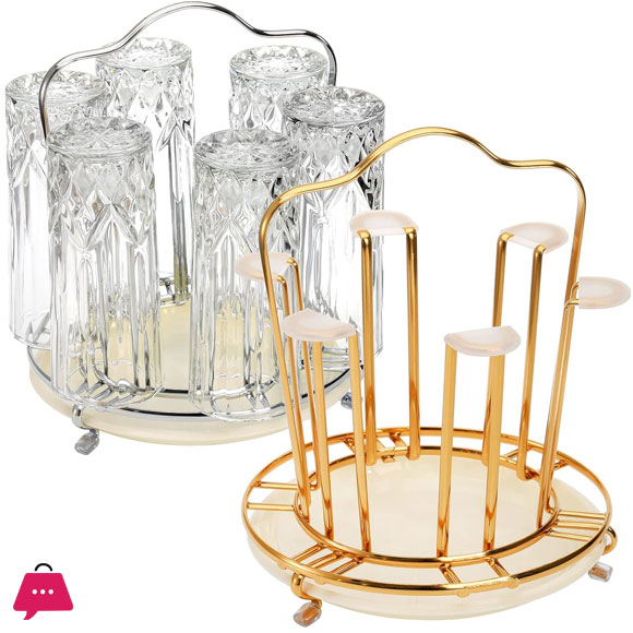 6 Holder Drinking Glass Drainer Stand with Drain Tray and Silicone Protective Hooks Non-Slip Bottle Drying Tree for Glasses Tumbler Kitchen